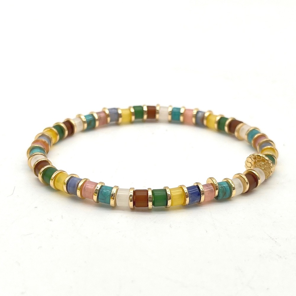 Marilyn Schiff Multi Color Cylinder Bead Gold Tone Stretch Bracelet Rainbow